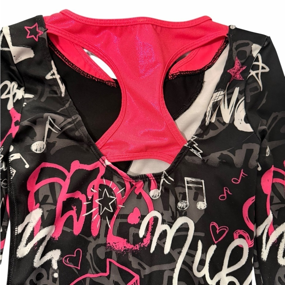 Dance Long Sleeve Leotard music Black Hot Pink shimmer sz 8 gymnastics scrunchie - Picture 4 of 4